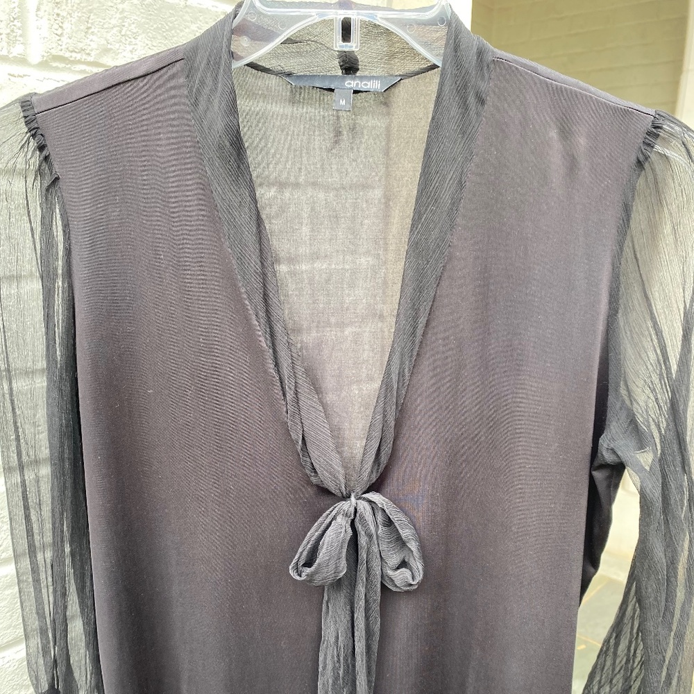 analili blouse sheer sleeve v-neck bow front tie Black medium